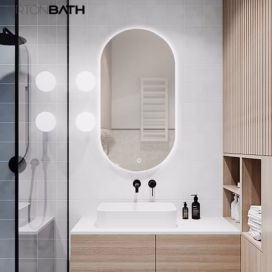 Ortonbath Espelho de vaidade de banheiro LED vertical oval frontal iluminado, luz regulável em 3 cores, espelho de maquiagem com anti