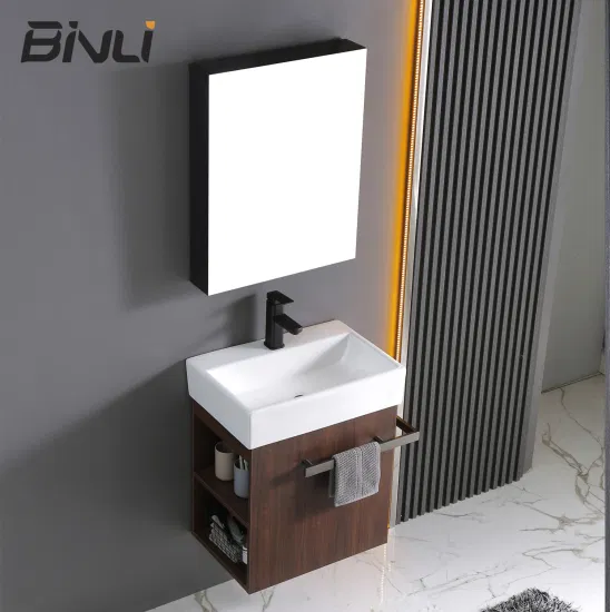 Armário pequeno montado na parede da vaidade do banheiro da madeira compensada de 500mm com bacia da arte única do armário do espelho